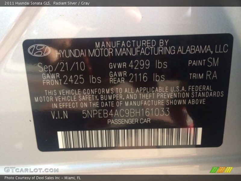 Radiant Silver / Gray 2011 Hyundai Sonata GLS