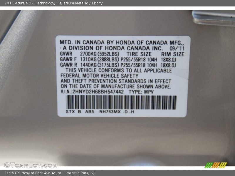 Palladium Metallic / Ebony 2011 Acura MDX Technology