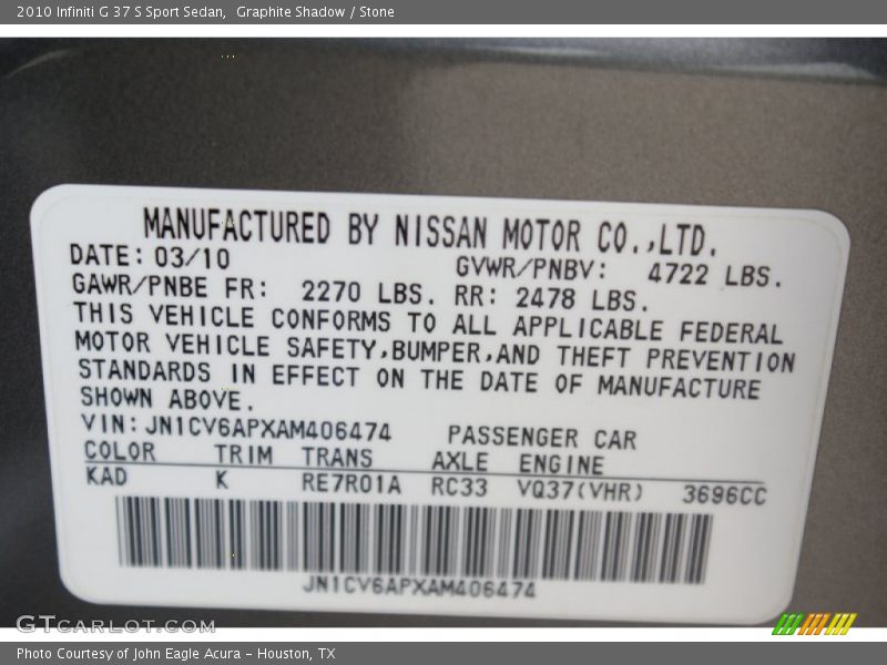 Graphite Shadow / Stone 2010 Infiniti G 37 S Sport Sedan