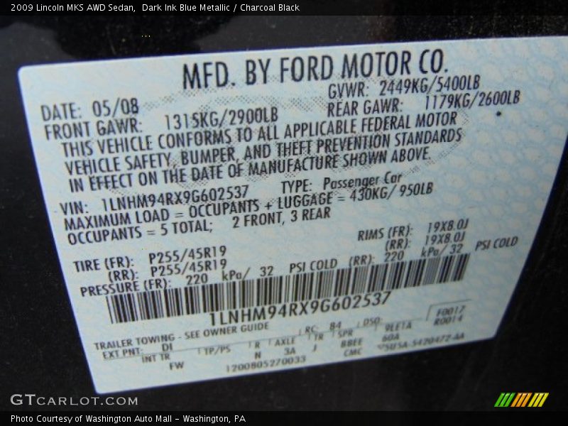 Dark Ink Blue Metallic / Charcoal Black 2009 Lincoln MKS AWD Sedan