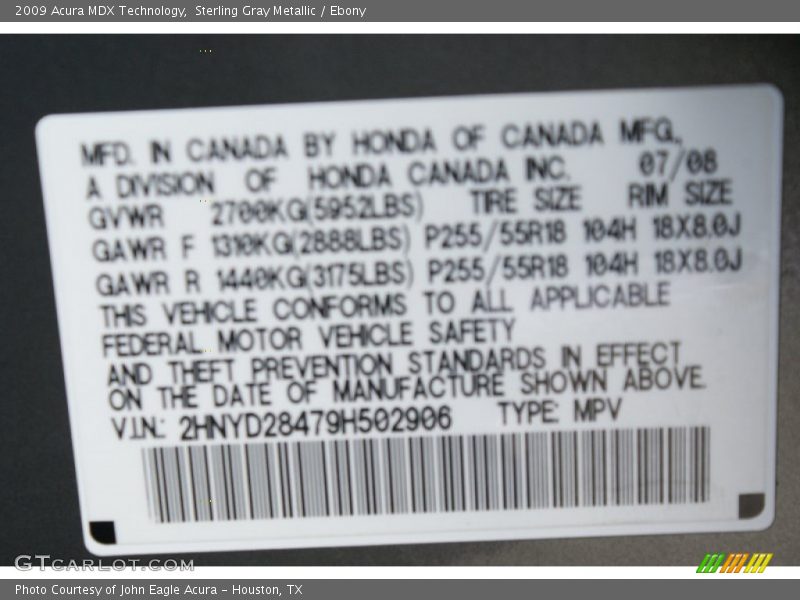 Sterling Gray Metallic / Ebony 2009 Acura MDX Technology