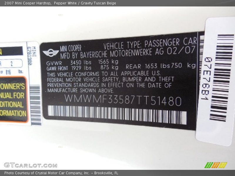 Pepper White / Gravity Tuscan Beige 2007 Mini Cooper Hardtop