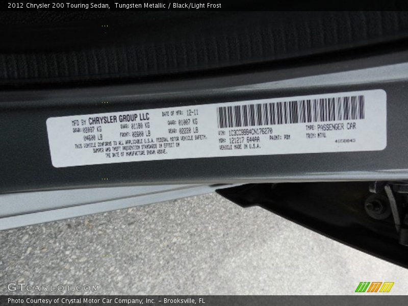 Tungsten Metallic / Black/Light Frost 2012 Chrysler 200 Touring Sedan