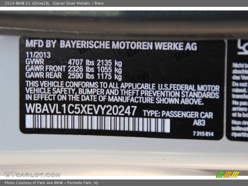 Glacier Silver Metallic / Black 2014 BMW X1 xDrive28i
