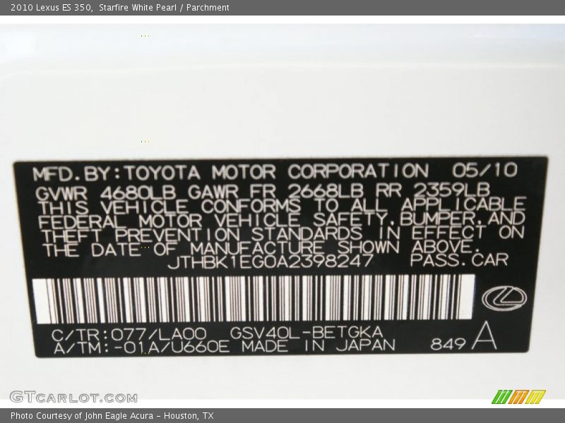 Starfire White Pearl / Parchment 2010 Lexus ES 350