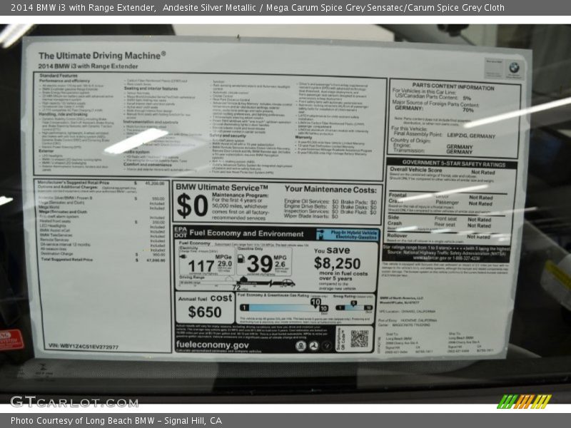  2014 i3 with Range Extender Window Sticker