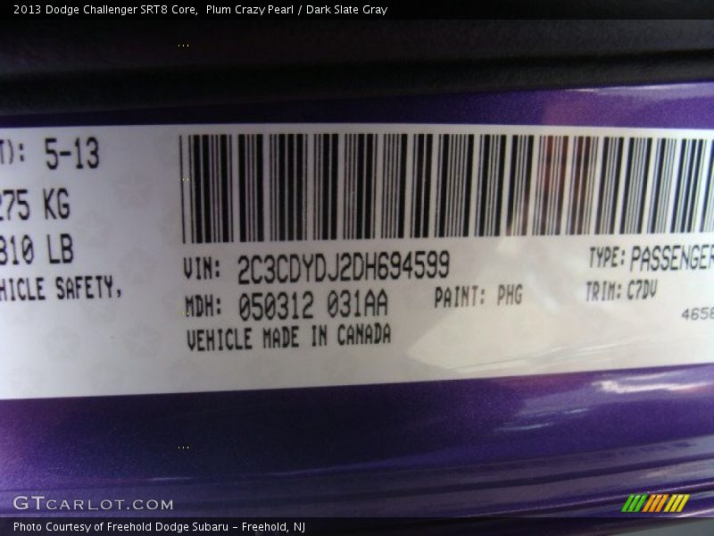 2013 Challenger SRT8 Core Plum Crazy Pearl Color Code PHG