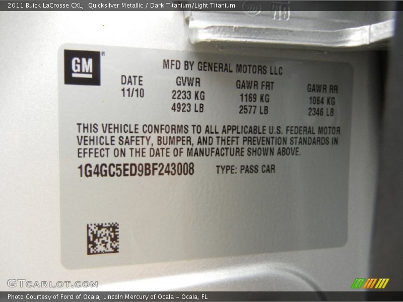 Quicksilver Metallic / Dark Titanium/Light Titanium 2011 Buick LaCrosse CXL