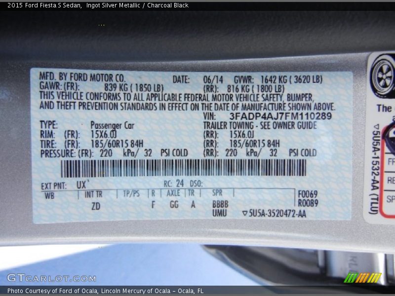 2015 Fiesta S Sedan Ingot Silver Metallic Color Code UX
