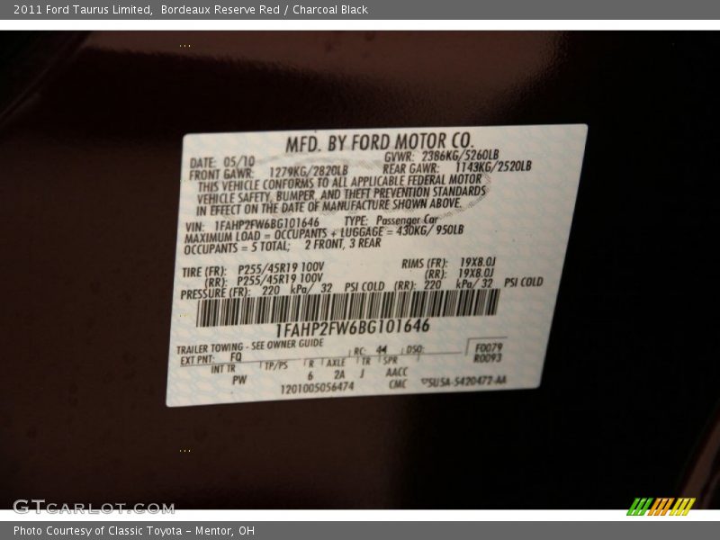 2011 Taurus Limited Bordeaux Reserve Red Color Code FQ