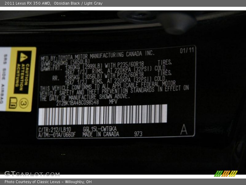 Obsidian Black / Light Gray 2011 Lexus RX 350 AWD