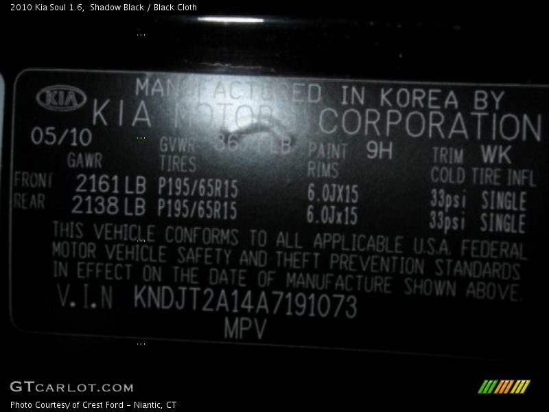 Shadow Black / Black Cloth 2010 Kia Soul 1.6