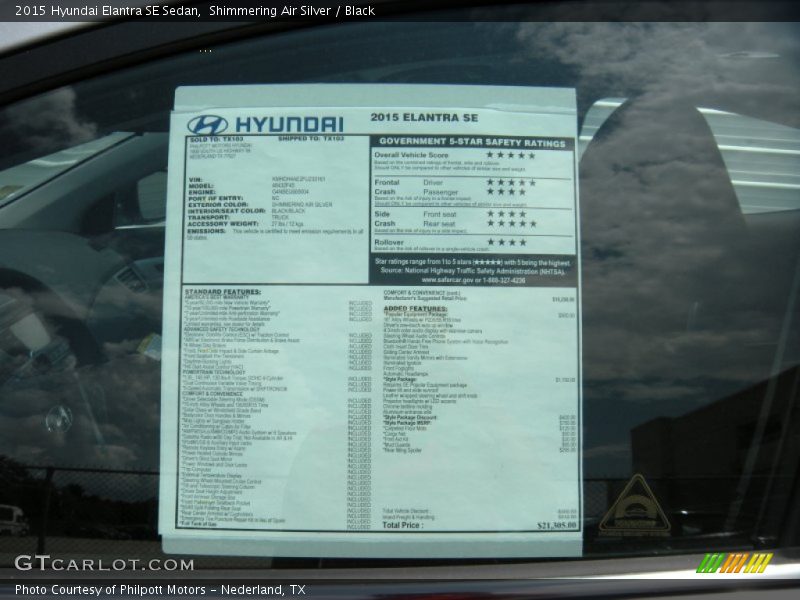 2015 Elantra SE Sedan Window Sticker