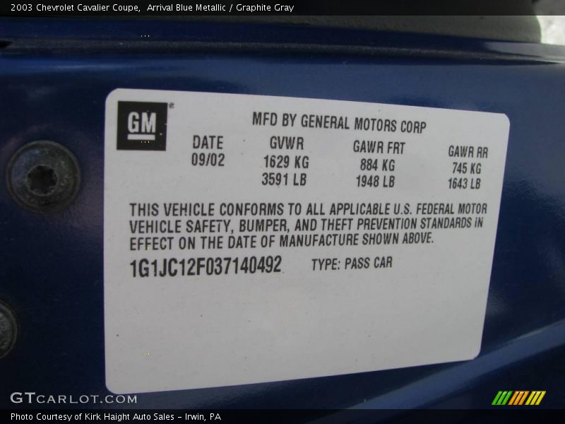 Arrival Blue Metallic / Graphite Gray 2003 Chevrolet Cavalier Coupe
