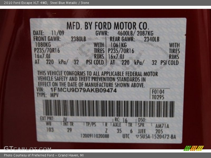 Steel Blue Metallic / Stone 2010 Ford Escape XLT 4WD