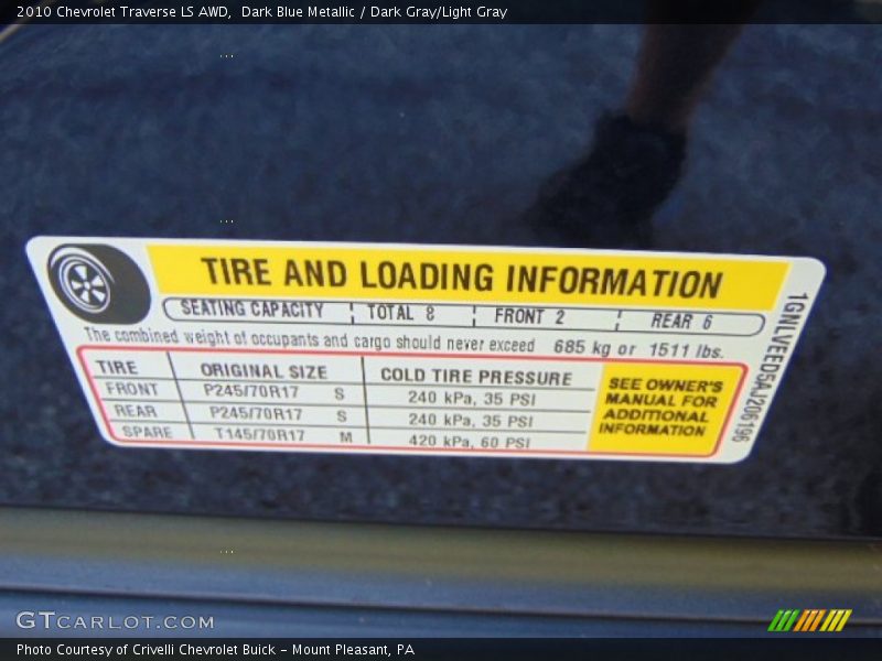 Dark Blue Metallic / Dark Gray/Light Gray 2010 Chevrolet Traverse LS AWD