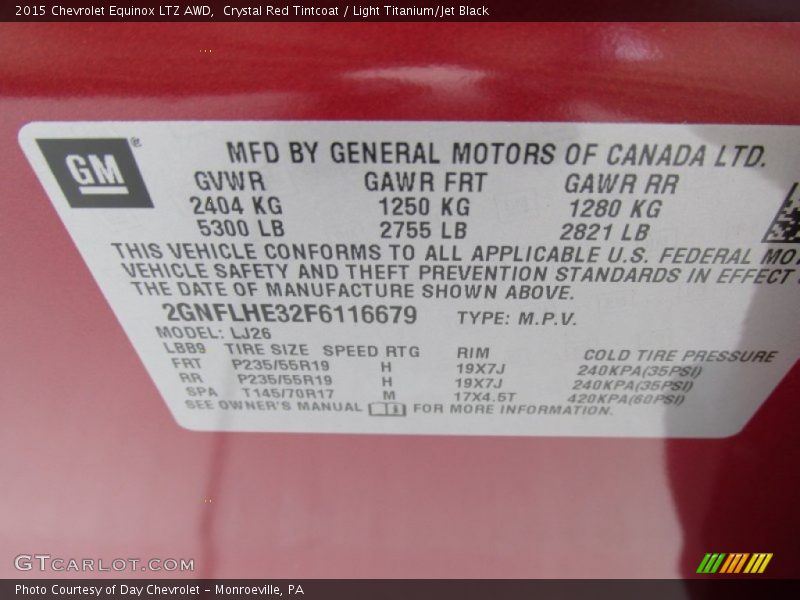 Info Tag of 2015 Equinox LTZ AWD