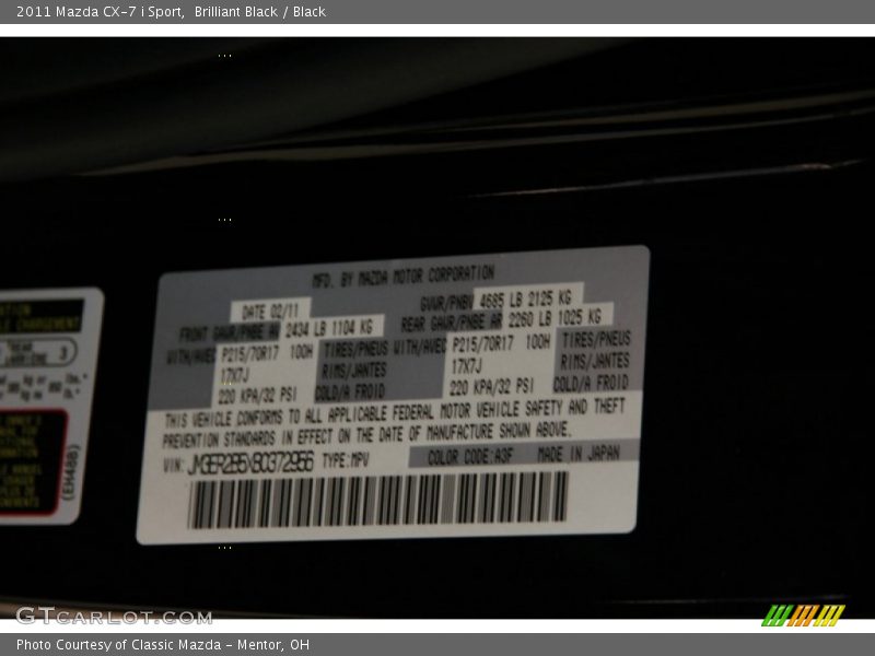 Brilliant Black / Black 2011 Mazda CX-7 i Sport