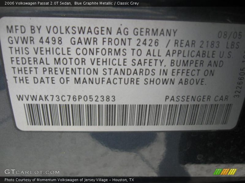 Blue Graphite Metallic / Classic Grey 2006 Volkswagen Passat 2.0T Sedan