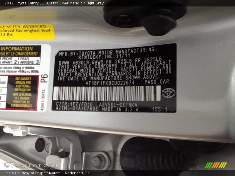 Classic Silver Metallic / Light Gray 2012 Toyota Camry LE