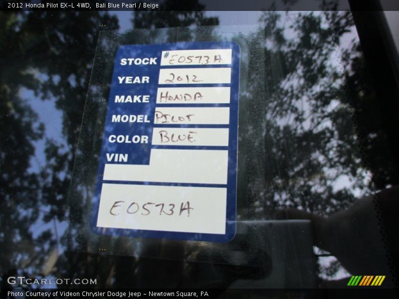 Bali Blue Pearl / Beige 2012 Honda Pilot EX-L 4WD