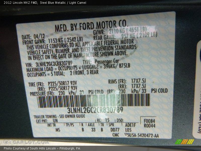 Steel Blue Metallic / Light Camel 2012 Lincoln MKZ FWD