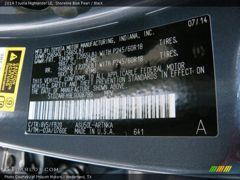 2014 Highlander LE Shoreline Blue Pearl Color Code 8V5