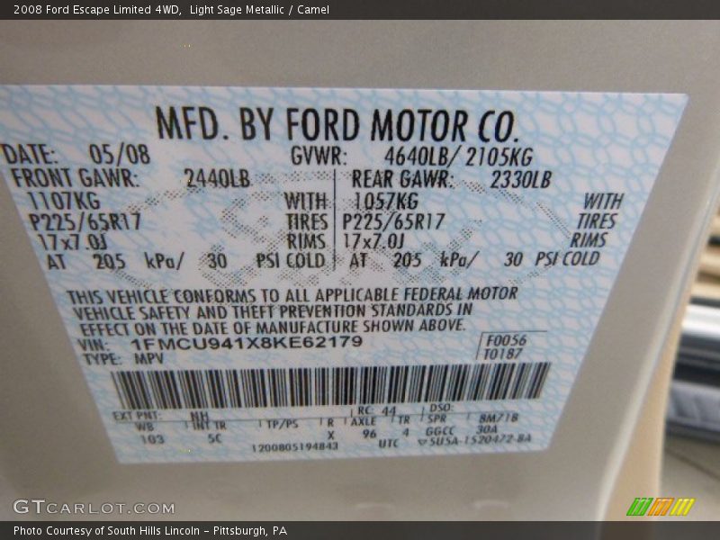 Light Sage Metallic / Camel 2008 Ford Escape Limited 4WD