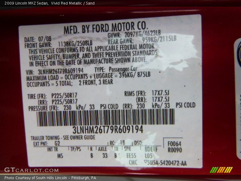 Vivid Red Metallic / Sand 2009 Lincoln MKZ Sedan