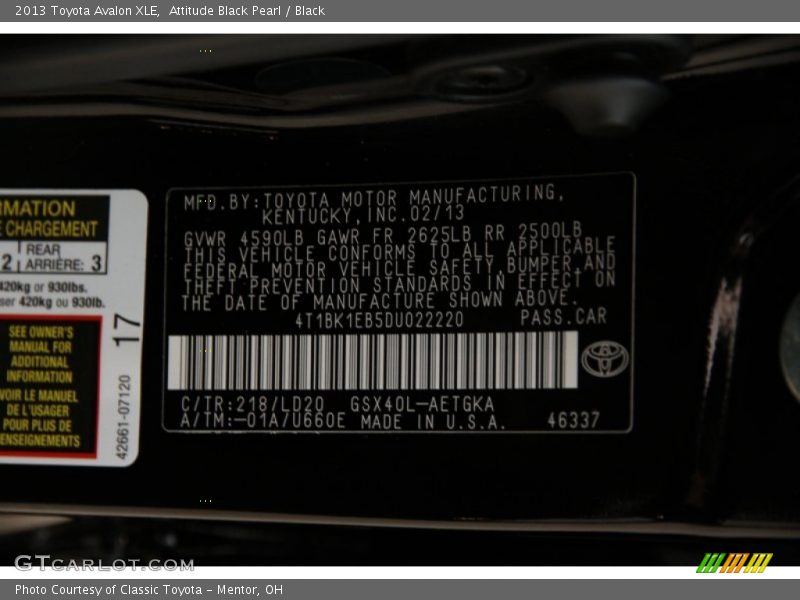 Attitude Black Pearl / Black 2013 Toyota Avalon XLE