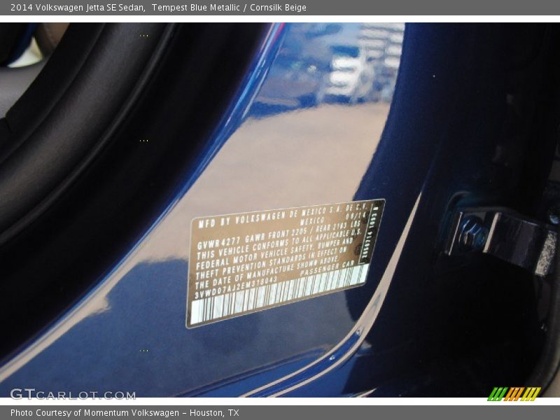 Tempest Blue Metallic / Cornsilk Beige 2014 Volkswagen Jetta SE Sedan