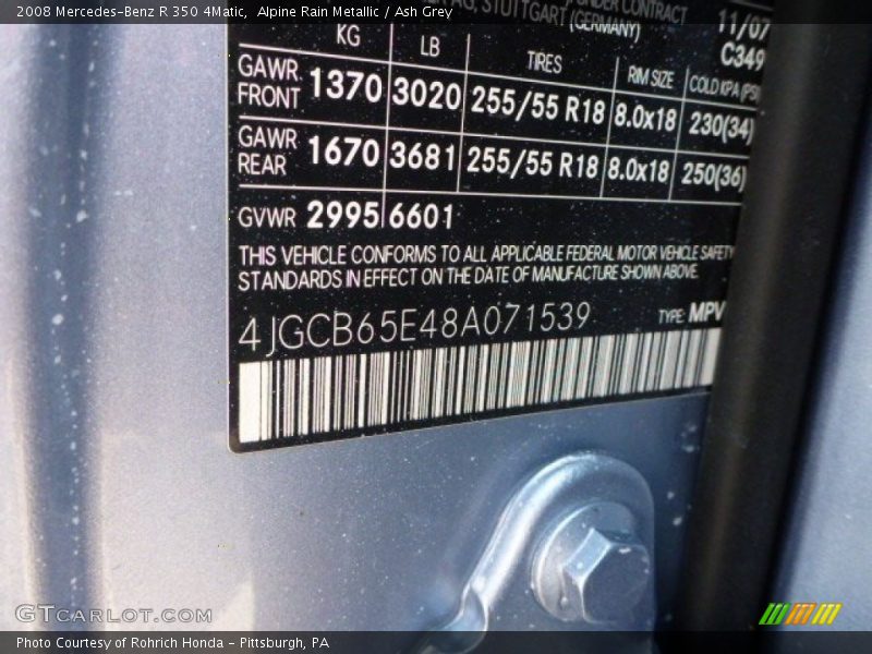 Alpine Rain Metallic / Ash Grey 2008 Mercedes-Benz R 350 4Matic