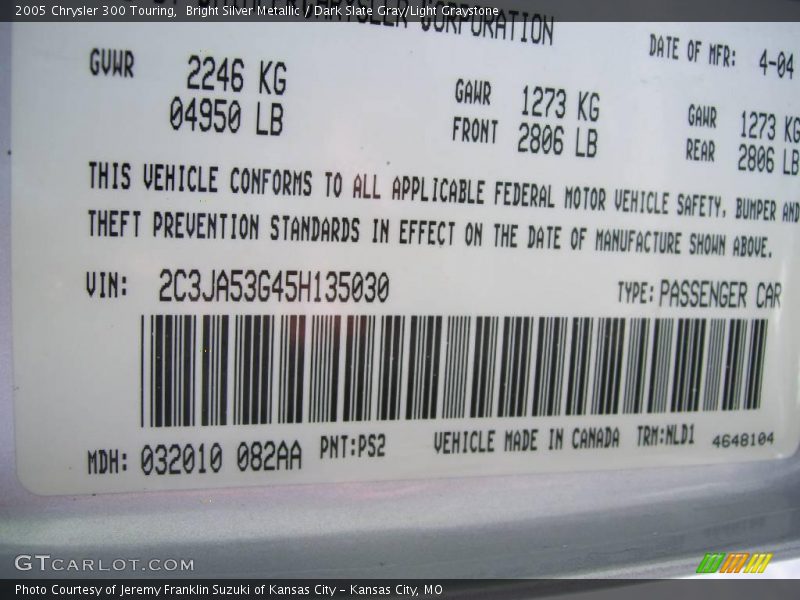 Bright Silver Metallic / Dark Slate Gray/Light Graystone 2005 Chrysler 300 Touring