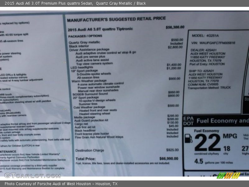  2015 A6 3.0T Premium Plus quattro Sedan Window Sticker