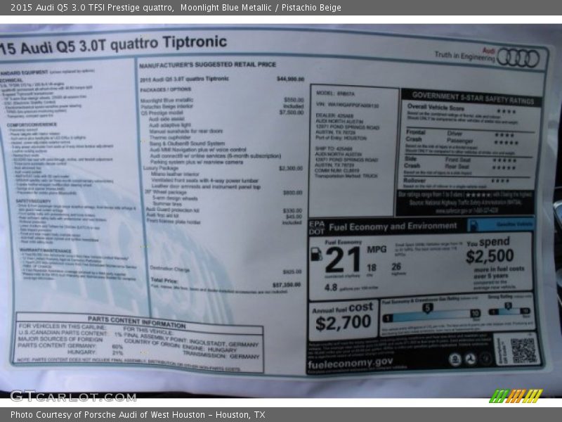  2015 Q5 3.0 TFSI Prestige quattro Window Sticker