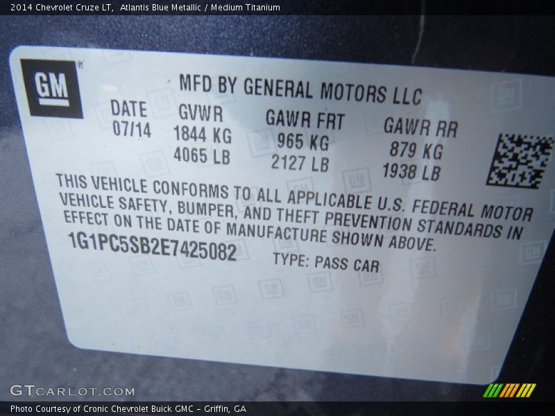Atlantis Blue Metallic / Medium Titanium 2014 Chevrolet Cruze LT