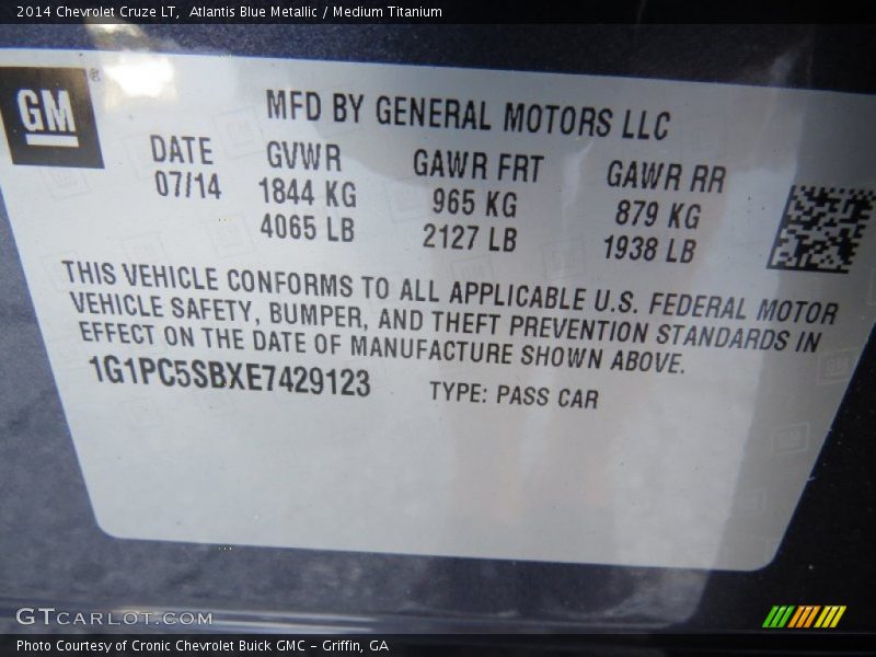 Atlantis Blue Metallic / Medium Titanium 2014 Chevrolet Cruze LT