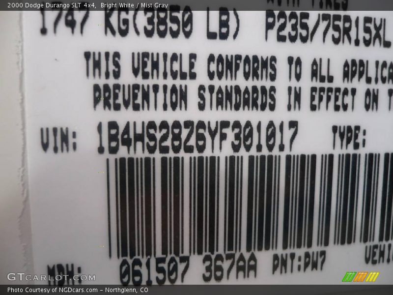 Bright White / Mist Gray 2000 Dodge Durango SLT 4x4