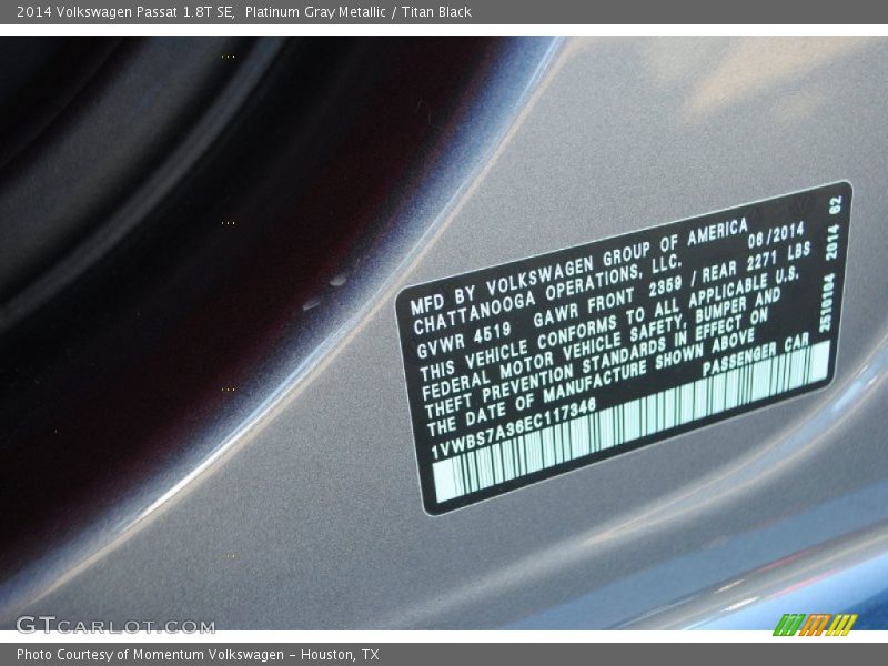 Platinum Gray Metallic / Titan Black 2014 Volkswagen Passat 1.8T SE