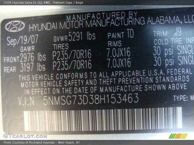 Platinum Sage / Beige 2008 Hyundai Santa Fe GLS 4WD