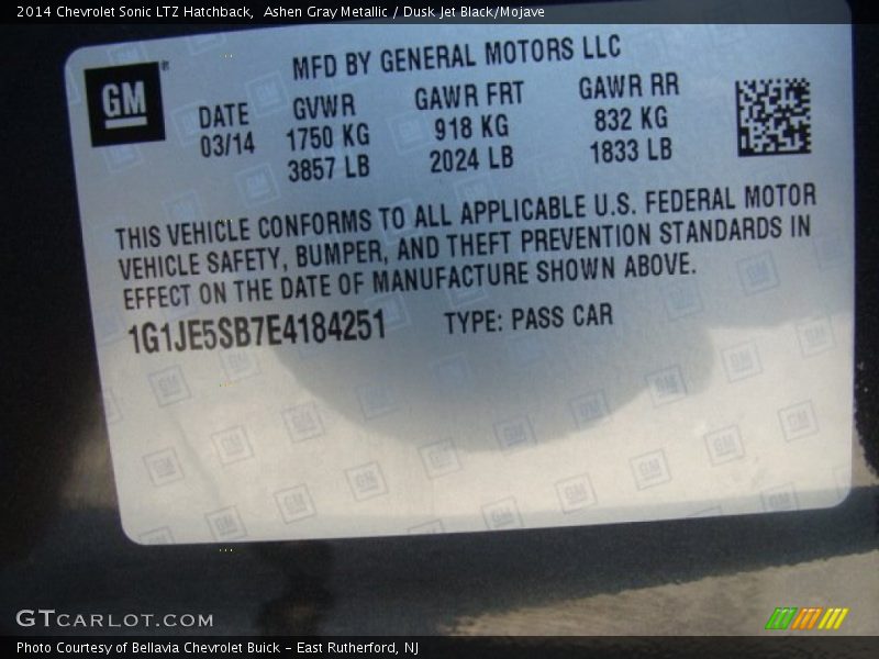 Info Tag of 2014 Sonic LTZ Hatchback