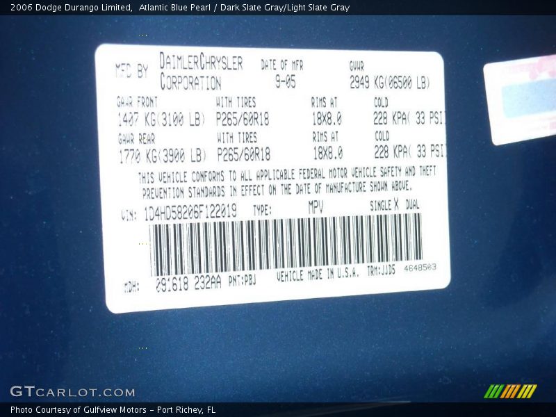 Atlantic Blue Pearl / Dark Slate Gray/Light Slate Gray 2006 Dodge Durango Limited