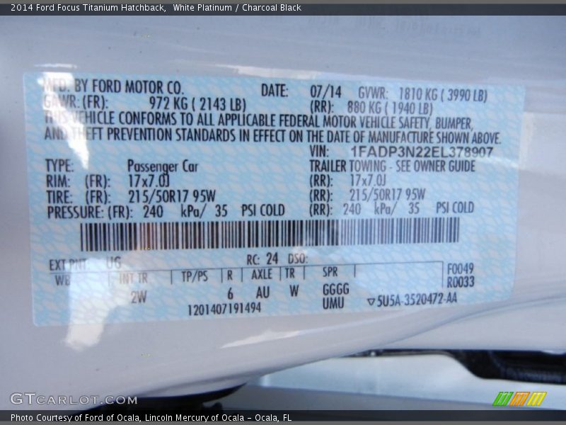 White Platinum / Charcoal Black 2014 Ford Focus Titanium Hatchback