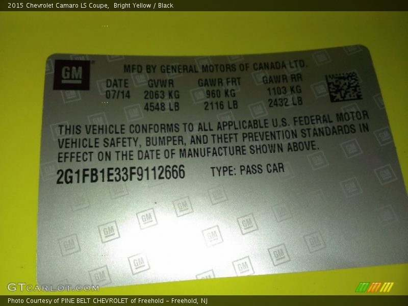 Bright Yellow / Black 2015 Chevrolet Camaro LS Coupe