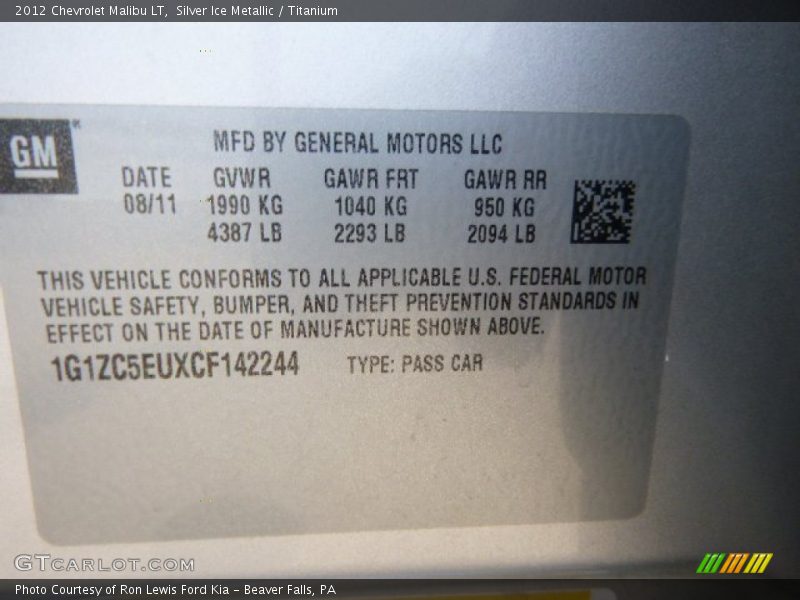 Silver Ice Metallic / Titanium 2012 Chevrolet Malibu LT