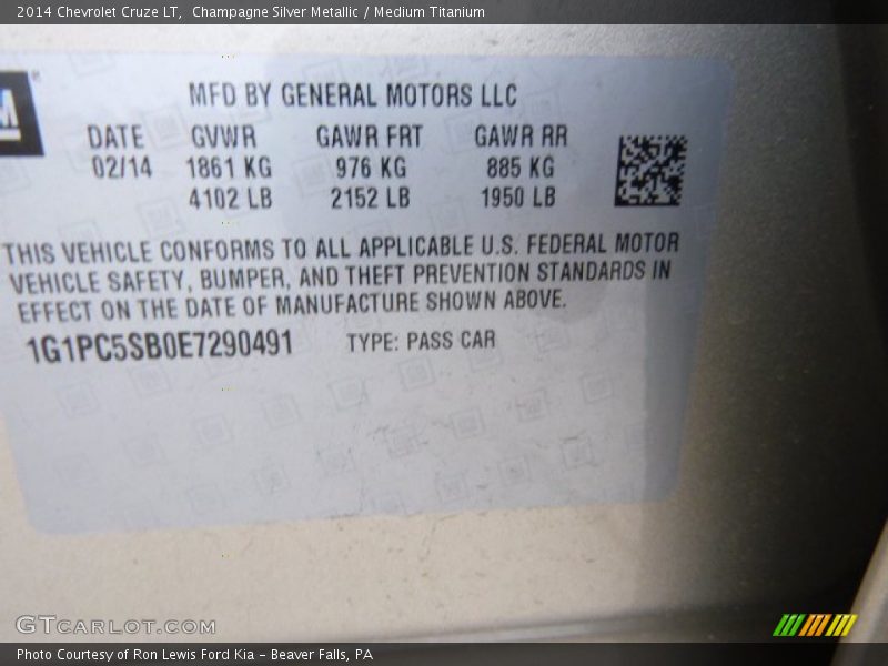 Champagne Silver Metallic / Medium Titanium 2014 Chevrolet Cruze LT