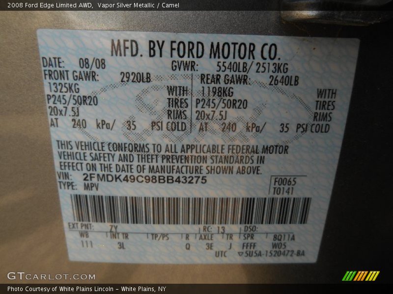 Vapor Silver Metallic / Camel 2008 Ford Edge Limited AWD
