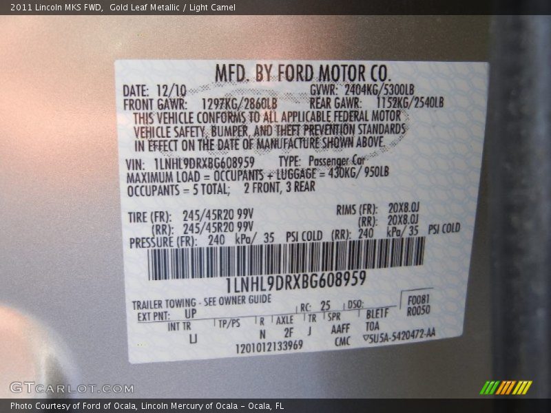 Gold Leaf Metallic / Light Camel 2011 Lincoln MKS FWD