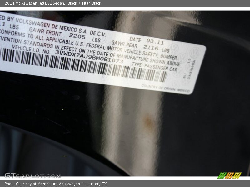 Black / Titan Black 2011 Volkswagen Jetta SE Sedan