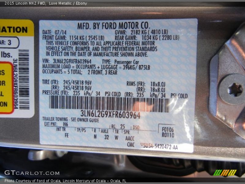 2015 MKZ FWD Luxe Metallic Color Code H6